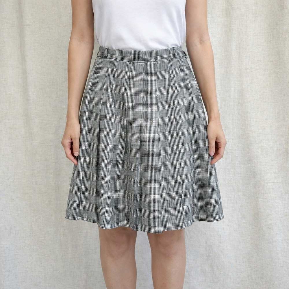 Briggs New York Vintage Glen Plaid Houndstooth Pleated Skirt Black White Size 14